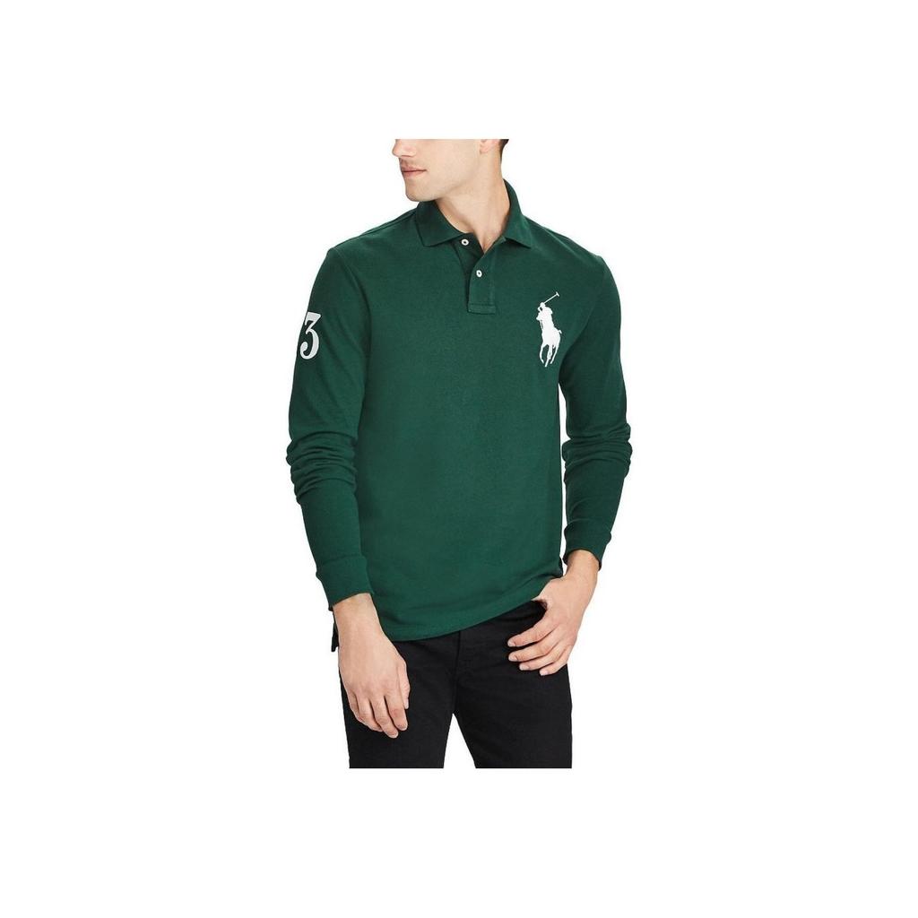 Polo Ralph Lauren FW23 Однотонная рубашка поло с длинным рукавом и вышитым логотипом, мужские топы, зеленая MNPOKNI16820256-300