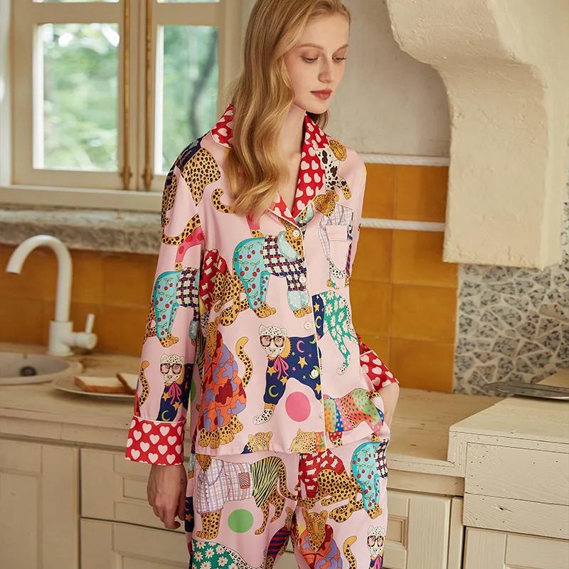Новая пижама для женщин, осенний костюм из ледяного шелка с длинными рукавами, тонкая домашняя одежда с принтом