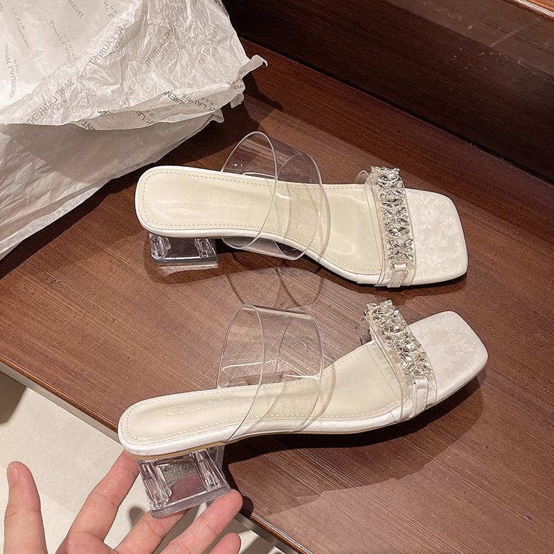 Fashion Summer New Coarse Heel Sandals Women Fashion Square Head Rhinestone Transparent Strap Anti-slip Wear-resistant Slippers
