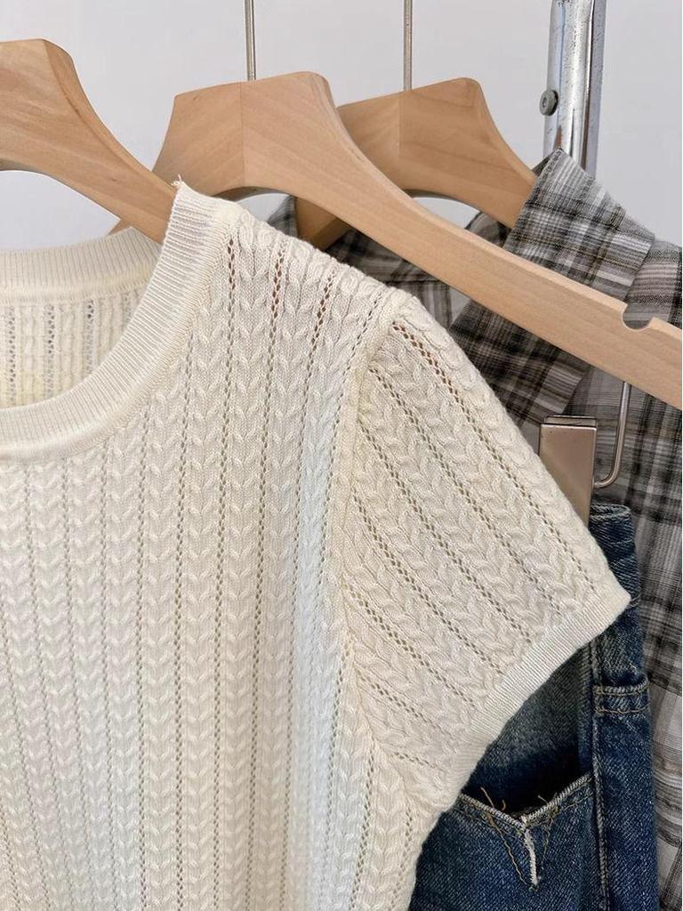 Женский топ с коротким рукавом в корейском стиле, вязаный ажурным узором, весна/лето 2025