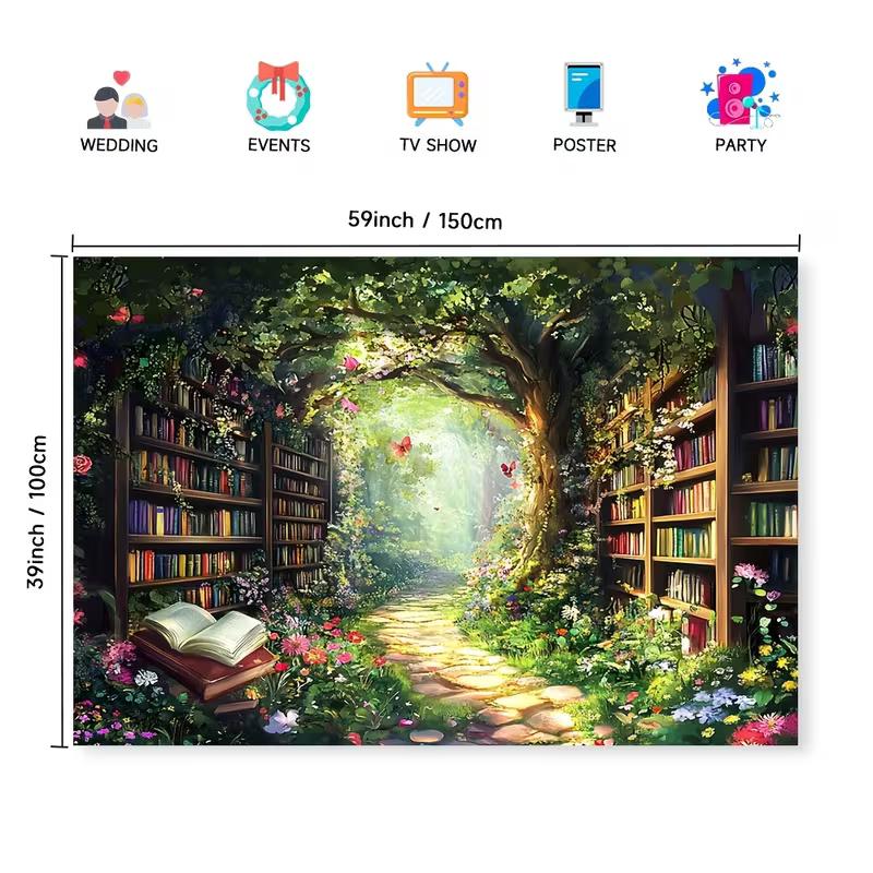 2D Fairy Tale Enchanted Bookshelf Forest Tapestry, Wall Decor for Wedding & Events