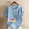 Women's New Fashion Linen Shirt Round Neck Short Sleeve Map Printed T-shirt Summer Ladies Casual Plus Size Blouse Tops