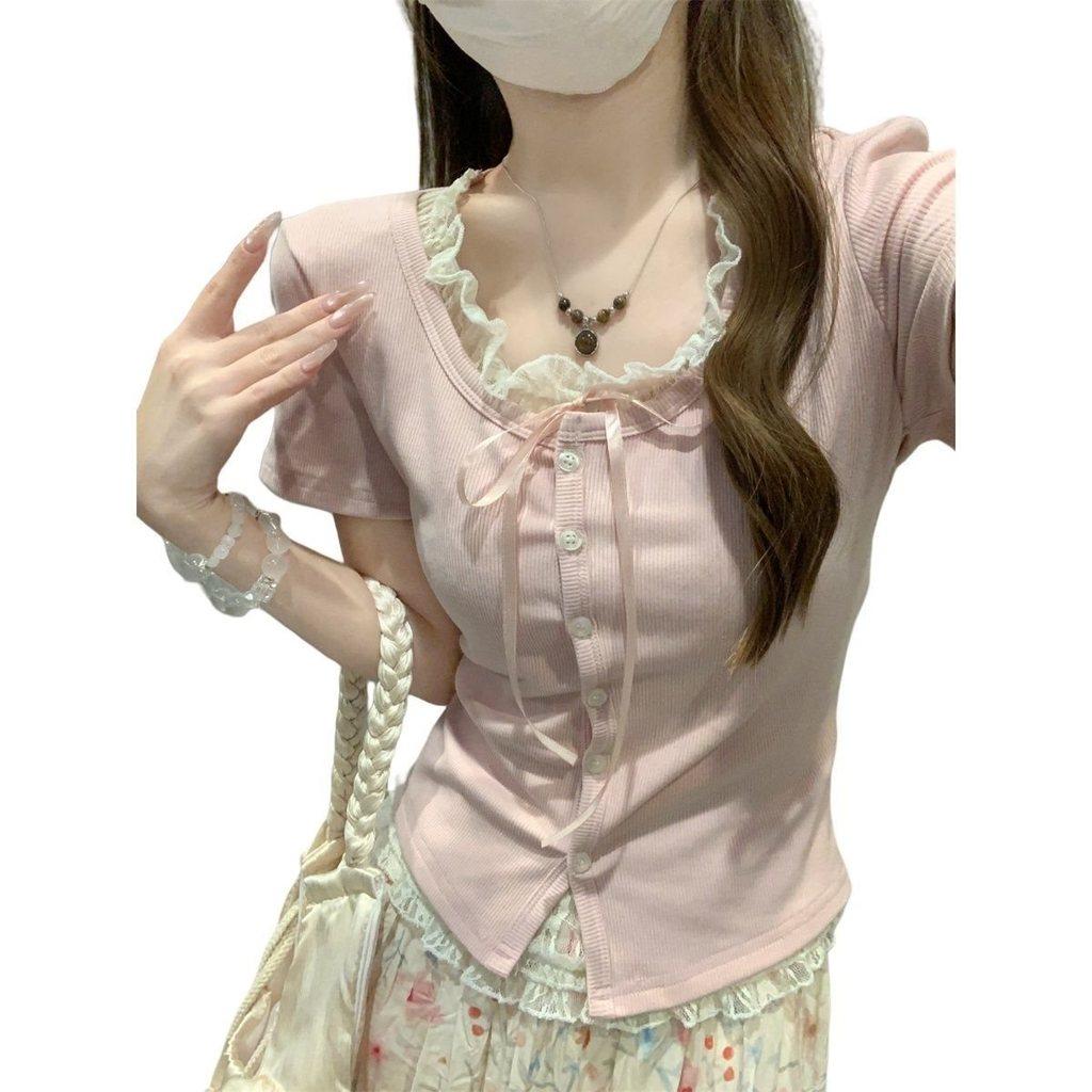 Plain Weave T Shirt With Lace Embroidery For Summer Casuals