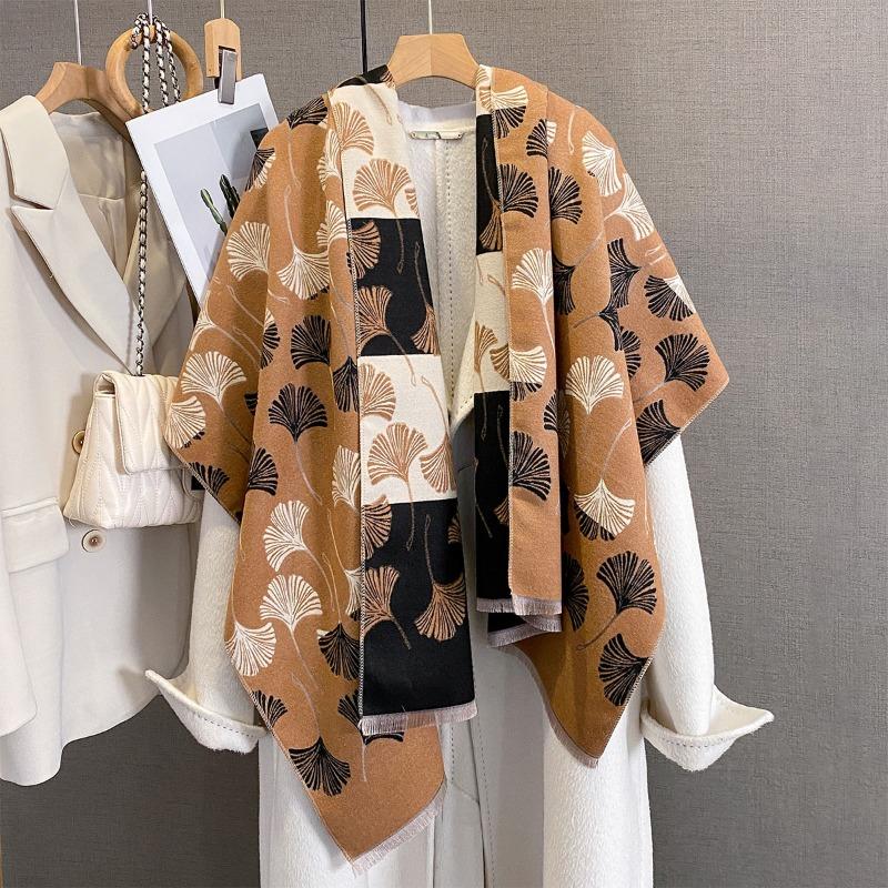 Autumn and Winter New Retro Ginkgo Biloba Jacquard Scarf Women's Imitation Cashmere Thickened Warm Scarf Fashionable Outer Shawl