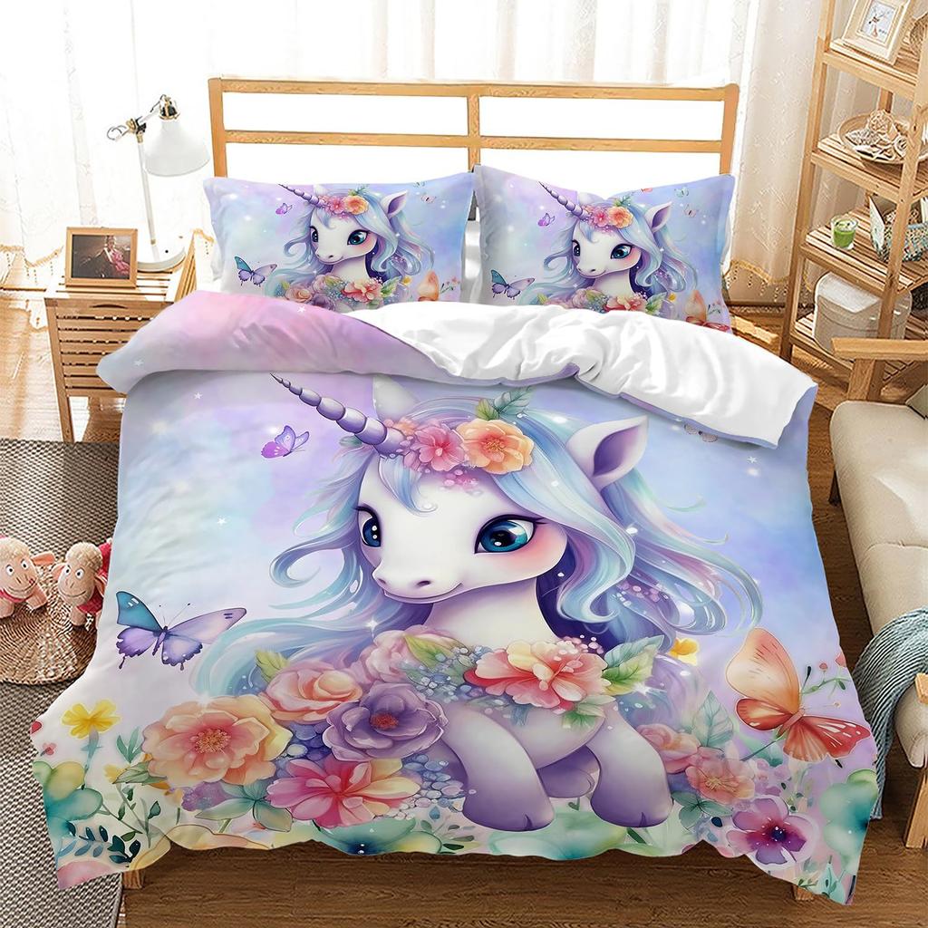 Rainbow Unicorn Three-Piece Digital Printing Kit Quilt Cover Bedding