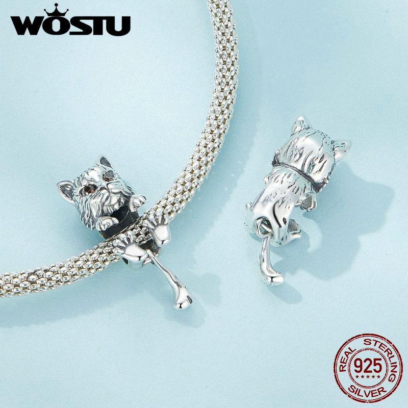 WOSTU Стерлингового серебра 925 пробы, белый орел, подвесная бусина, синий циркон, кулон, яркие подвески в виде рыси, бусины в форме кошки для женщин, браслет и ожерелье, ювелирные изделия