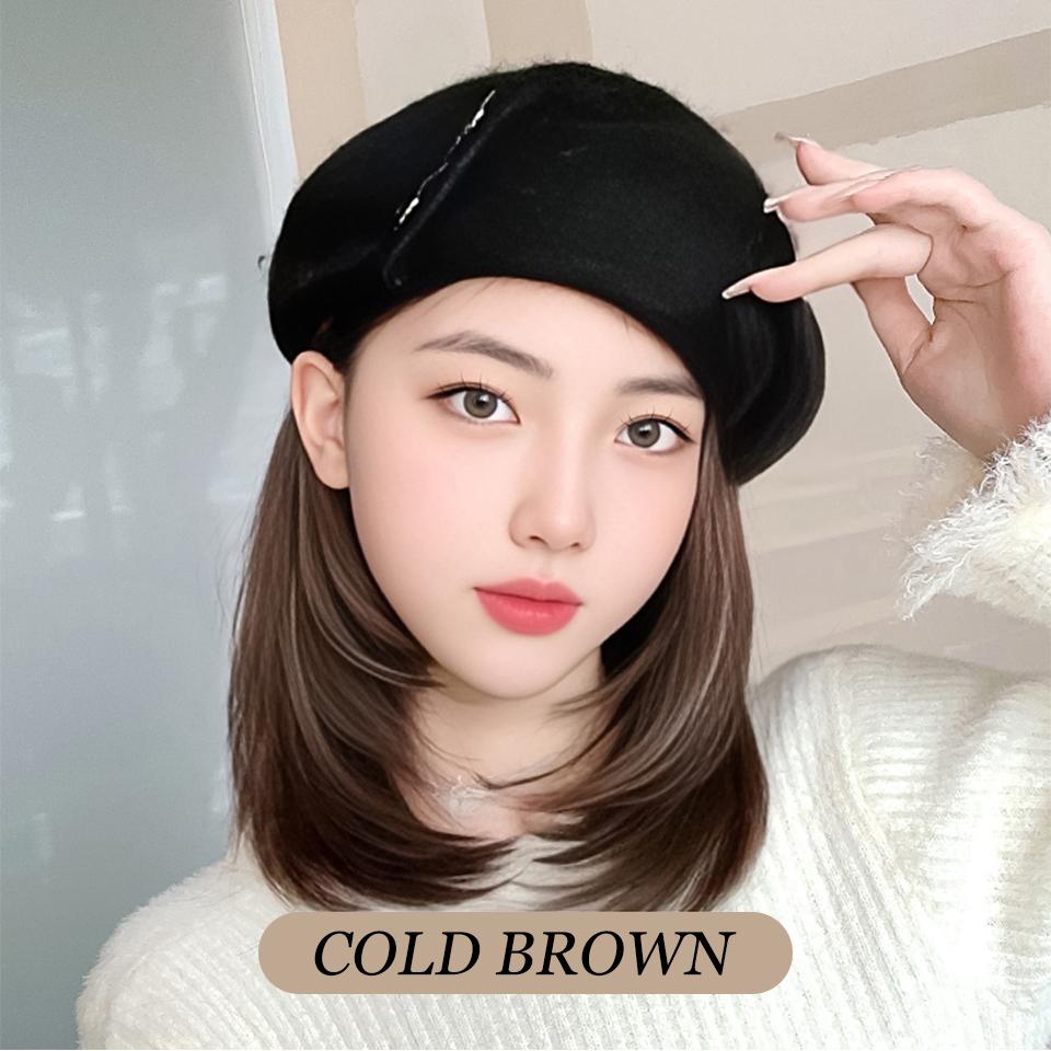 WTB Synthetic Hat Wig Female Autumn and Winter Button Woolen Short Straight Clavicle Beret Temperament Joker Wig