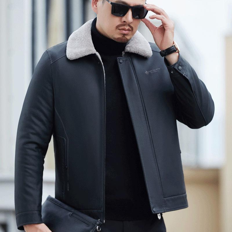 Пуховик из натуральной кожи, Мужская короткая приталенная куртка из овечьей шерсти с лацканами, зимняя кожаная куртка, модная