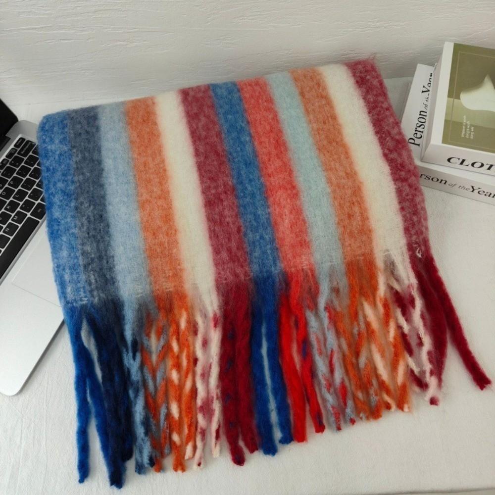 Rainbow Tassel Grid Scarf Thickening Winter Cashmere Scarf Warm Shawl  for Autumn Winter