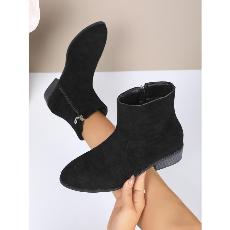 European and American Foreign Trade Side Zipper Thick Heel Suede Martin Boots Women's Cross-border Low Heel Large Size Thin Short Bare Boots