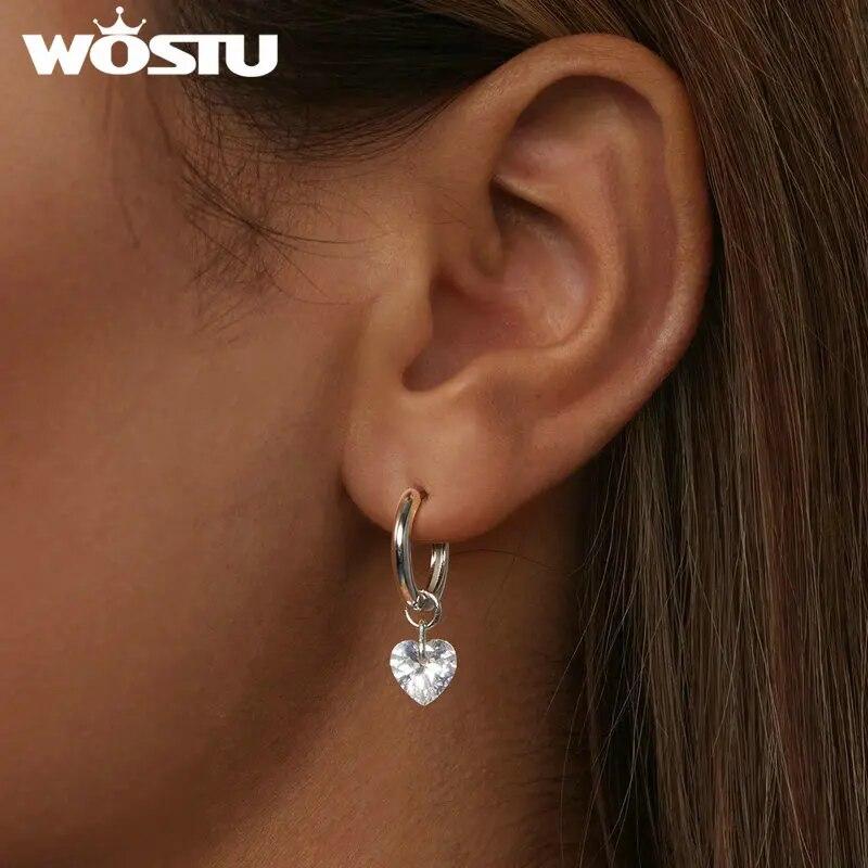 WOSTU Original 925 Sterling Silver Heart Hoop Earrings Luxury Jewelry Earrings 10mm For Women Fine Jewelry Party Daily Gift