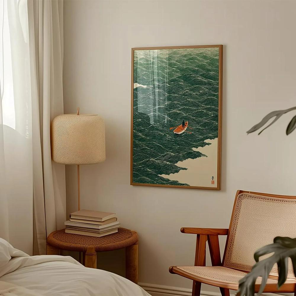 Japanese Wave Art Boat at Sea Poster and Print Minimalist Ocean Canvas Painting Traditional Style Home Decoration Pictures Mural