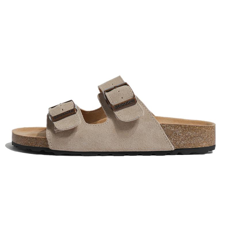 Мода 2024 года, новые модные летние женские тапочки из пробки, повседневные пляжные тапочки с двойной пряжкой, нескользящие, снаружи, с мягкой подошвой, кожаные тапочки