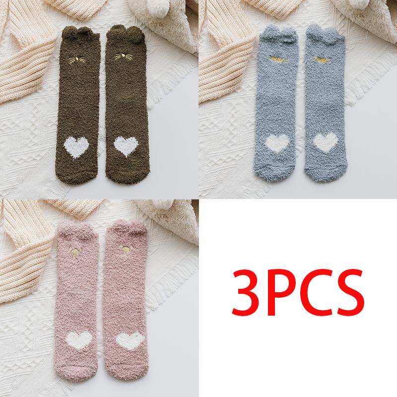3/5 Pairs Winter Women Warm Socks Fluffy Plush Sleep Soft Cozy Girls Cute Cartoon Floor Socks