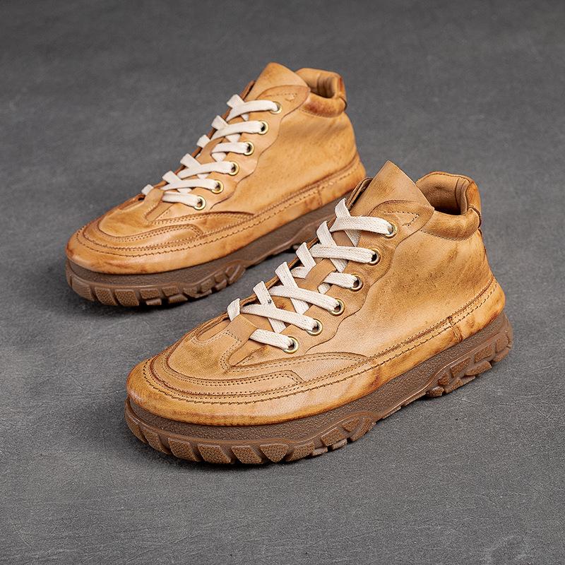 Женские Винтажные Высокие Кроссовки - Верхний Слой Коровьей Кожи, На Шнуровке, Повседневная Обувь на Резиновой Подошве, Круглый Носок, Удобные Плоские Туфли