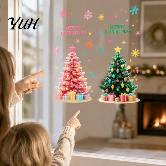 Winter Theme Wall Decor 2Pcs Pink Christmas Tree Static Window Clings, Removable Xmas Stickers Home Ornaments with Snowflake Star for Shop Cafe