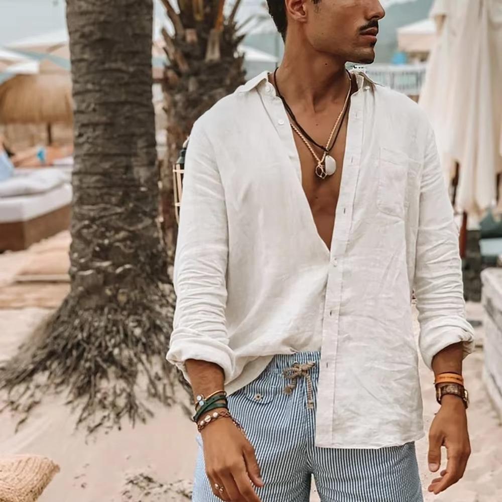 Men's Long-sleeved Spring and Summer Lightweight Beach Shirt Casual Basic Collar Single-breasted Tops