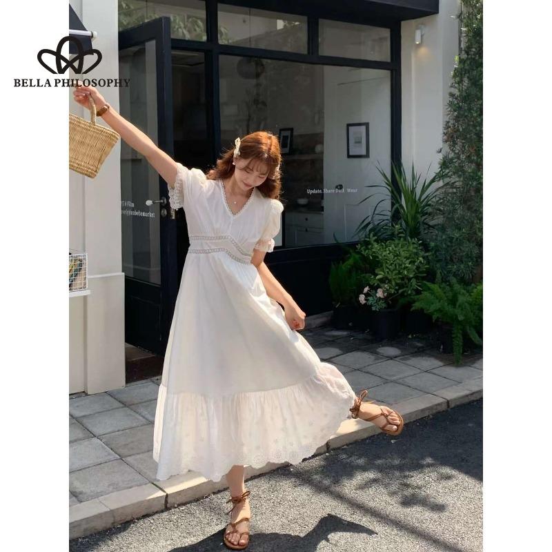 Summer New French Style Romantic Gentle V-neck Lace Stitching Puff Sleeve Tight Waist Slimming Solid Color Short Sleeve Dress