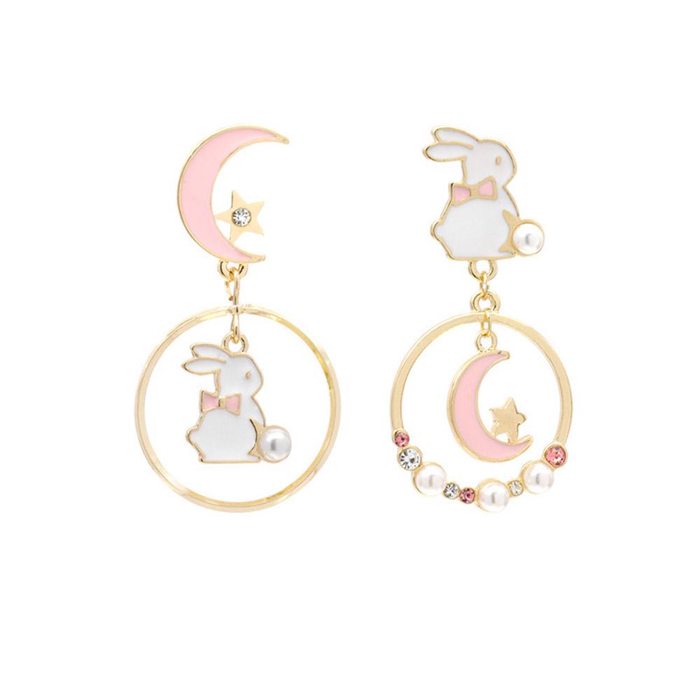 Sweet Personality Girl Moon Korean Asymmetric Earrings Rabbit Drop Earrings Anti Allergy Enamel