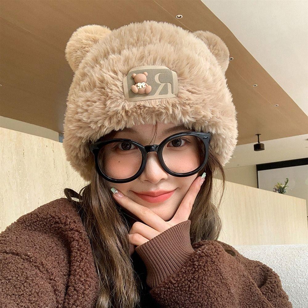 Warm Y2K Bear Ear Hat Cute Beanies Caps Fashion Winter Plush Bear Hat Girls