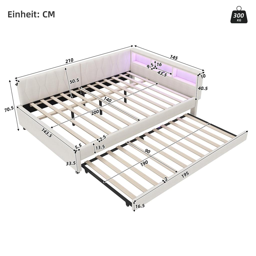 Sofa Bed 140x200 Cm Extendable LED Strip USB+Type-C Storage Compartment Slatted Frame Linen Bed Frame Without Mattress Beige
