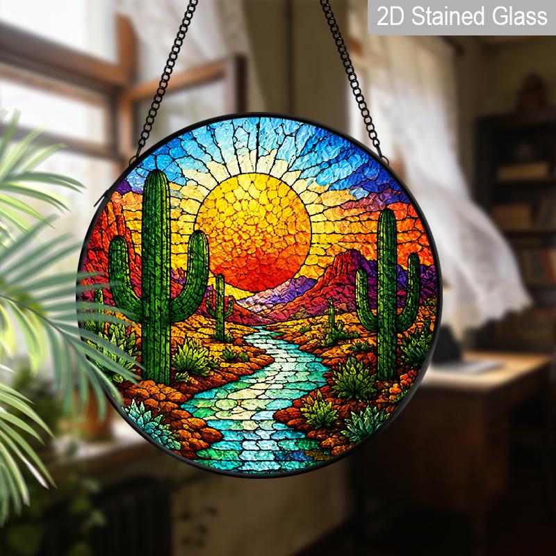 1pc 2D Flat Landscape Stained Glass Suncatcher, 6.3/7.87 Inch Desert Sunset Lake Glass Suncatcher, Southwestern Landscape Window Hanging, Warm Sunset