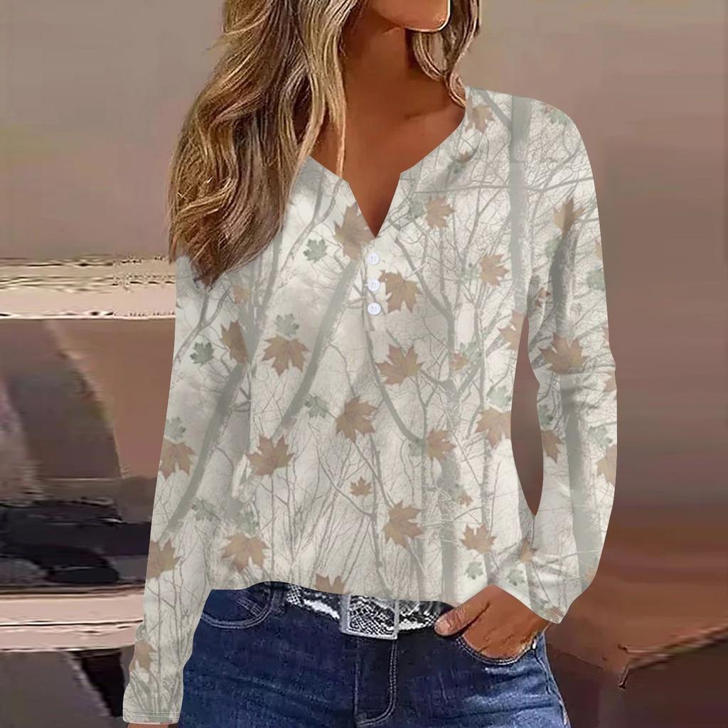 Женская модная повседневная футболка с v-образным вырезом и длинным рукавом с принтом, топ на пуговицах