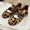 Sheepskin Version~ Niche Leather Leopard Print Cross Soft-sided Ballet Shoes Horse Hair Mary Jane Shoes Shallow Mouth Flat Shoes