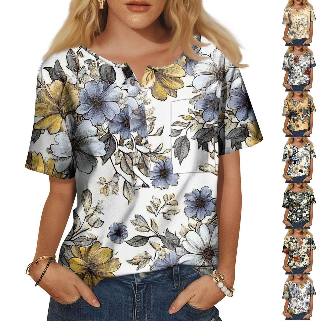 Women's Fashion Casual Short Sleeve Print Round Neck Pullover Top Blouse