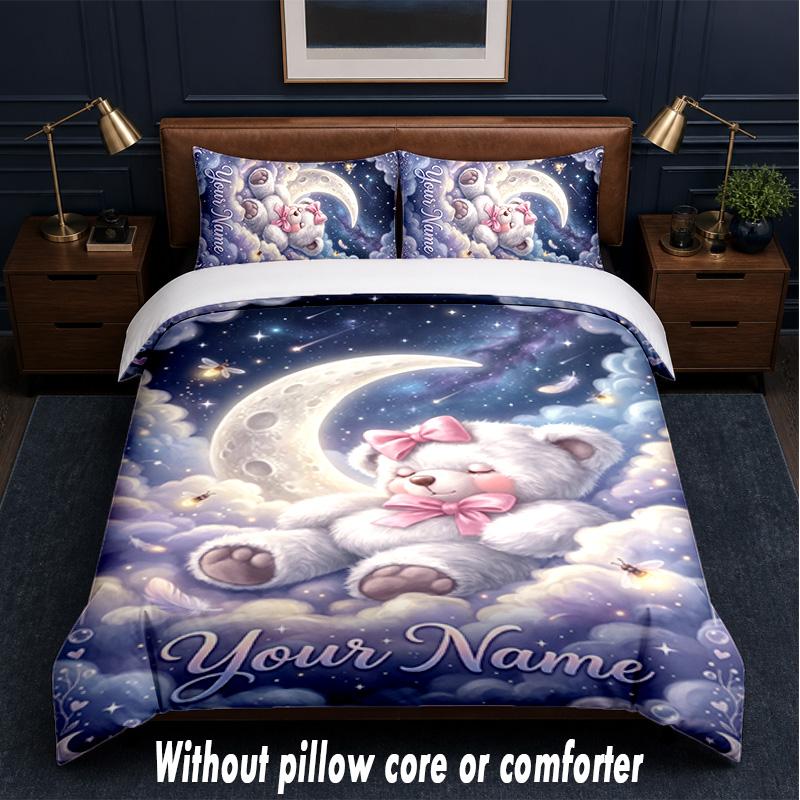 Teddy Bear Theme Custom Text Or Name 3Pcs Bedding Set,1 Flat Sheet & 2 Pillowcases Personalized Home Bedding