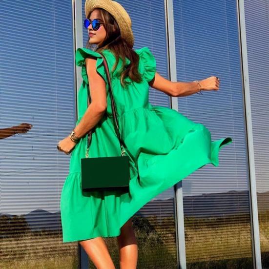 Женское платье с круглым вырезом, летящими рукавами, трапециевидной формы, большие качели, свободные лоскутные плиссированные мягкие пляжные каникулы