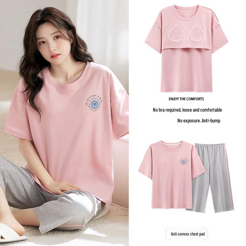 Женский летний капри-пижамный комплект 2025: Тонкий хлопок с коротким рукавом и нагрудными вкладышами, универсальный для ношения дома или на улице