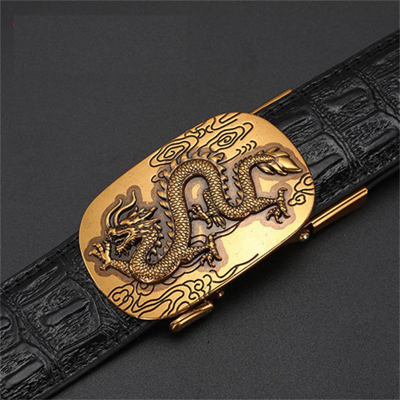 Men's Leather Belt with Automatic Buckle, Genuine Leather, Bronze Buckle, Faucet for Middle-aged and Young Business Casual Pants