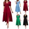 Летние однотонные темпераментные длинные платья с v-образным вырезом и коротким рукавом