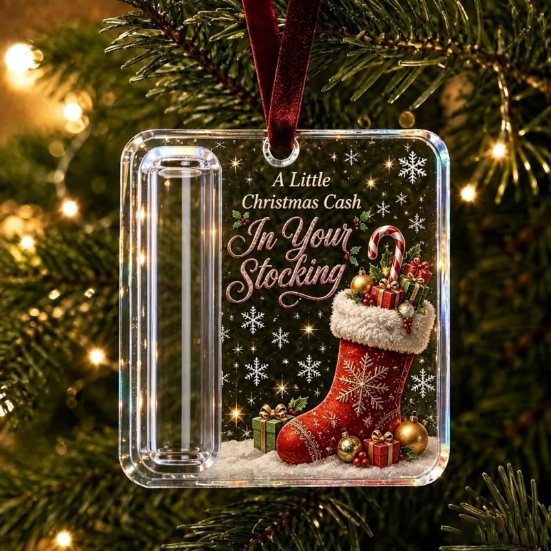 Christmas Cash Gift Ornament in Clear Acrylic with Built-In Money Holder and Hanging Ribbon for Tree Decors Display