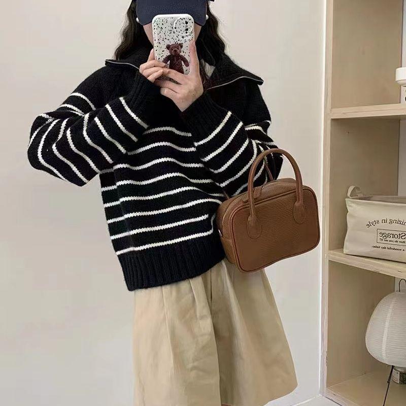 Pullover Female Versatile Design Sense Autumn Glutinous Contrast Loose Cover Flesh Stripe Knit Pullover Sweater Female Top