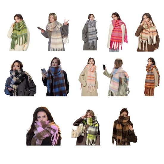 Winter Scarf Cashmere Feel Plush Scarf with Tassel Decoration Thickened Warm Plaid Pattern Winter