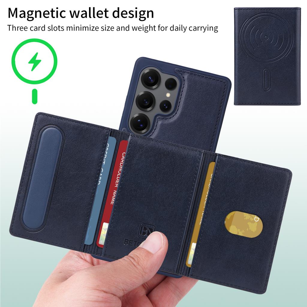 For Samsung Galaxy S25 Ultra Magnetic Case BETOPNICE Leather Phone Cover Kickstand with Detachable Card Bag