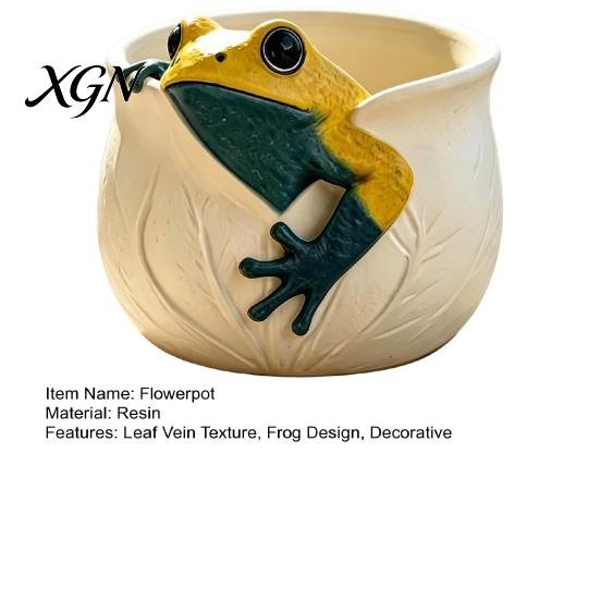 Sturdy One Piece Resin Pot for Greenery 3D Frog Planter, Cute Animal Plant with Leaf Vein Pastoral Style Container Tabletop Textures, Decorative