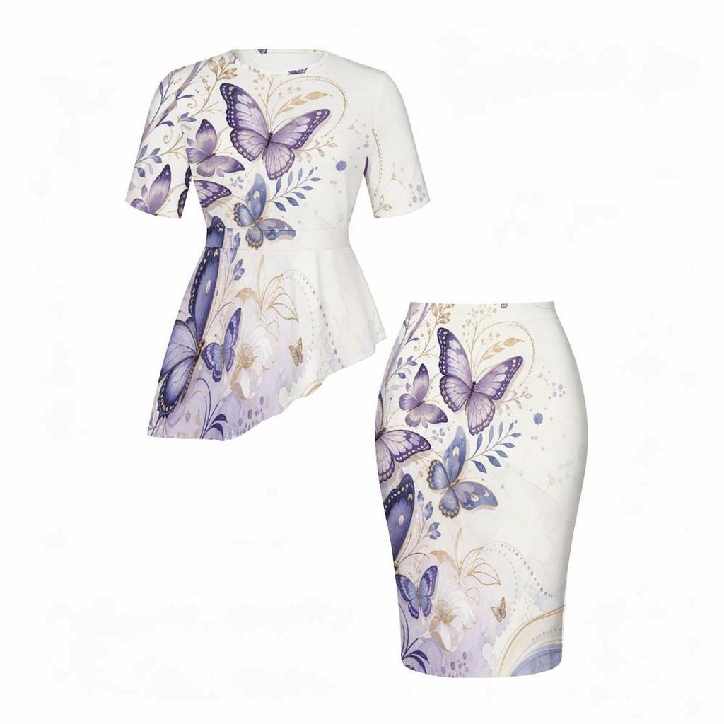 Women Plus Size Black Butterfly Floral Printed Round Neck Short Sleeve Asymmetric Top Fitted Skirt Two Piece Set
