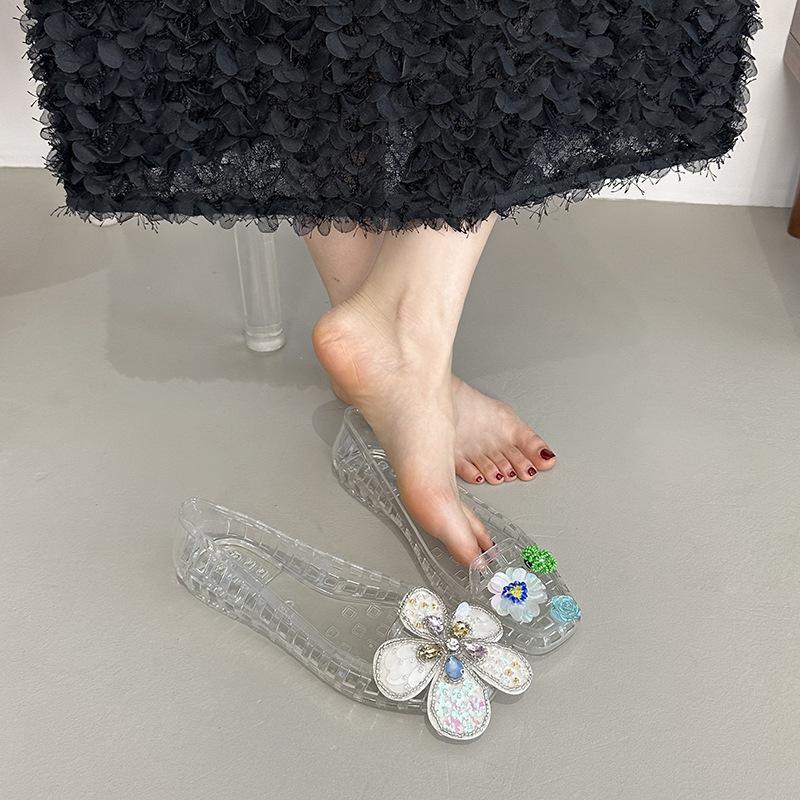 Transparent Crystal Jelly Sandals Hollow Out Slippers Korean Style Flat Shoes Women's Square Toe Shallow Slip On Ballet Loafers