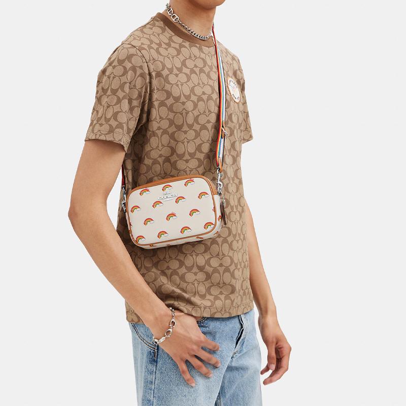 Coach Jamie 19 Silver Metal Logo Rainbow Print Coated Canvas And Leather Camera Bag Women Shoulder Bag Beige Brown CJ647-SVCAH
