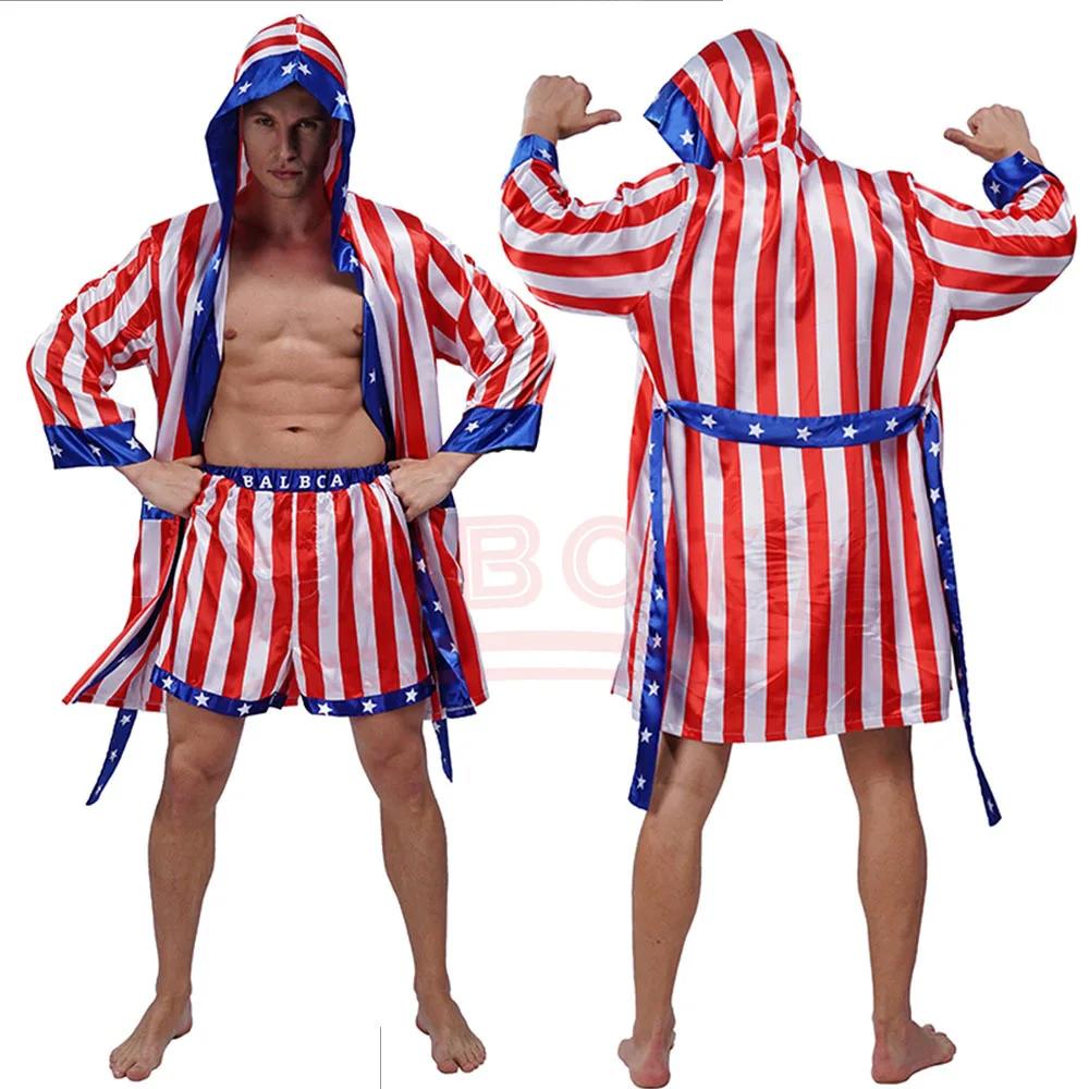 Costume de boxe drapeau américain pour adultes, avec Robe courte Rocky Balboa, Costume de Cosplay du jour de l'indépendance