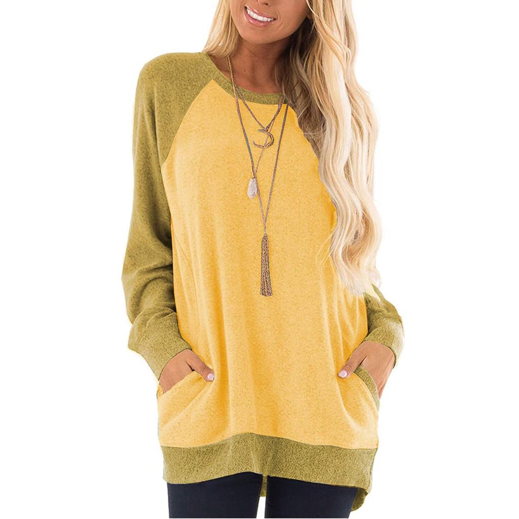 Модная лоскутная блузка рубашка карманы круглый вырез топы повседневные осенне-зимние топы женские женские с длинным рукавом блузы пуловер