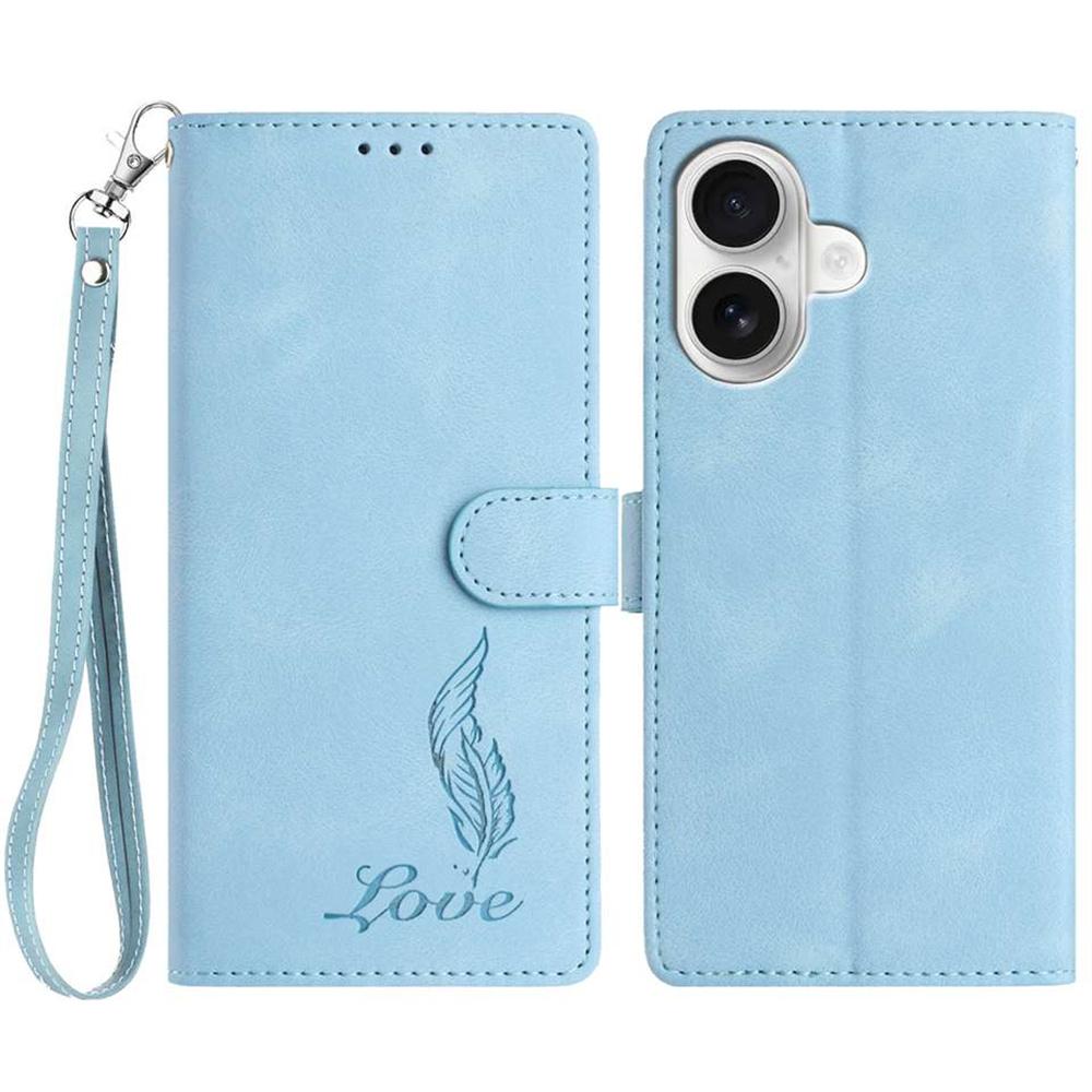 For iPhone 16 Case Imprinted Feather PU Leather Wallet Phone Cover with Wrist Strap
