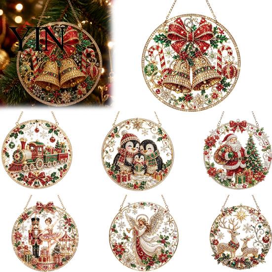 Holiday Art Decoration Christmas Faux Diamond Ornament Kit, Santa Angel Sun Catcher DIY Acrylic Detailed Printed Symbol Design Round Board,