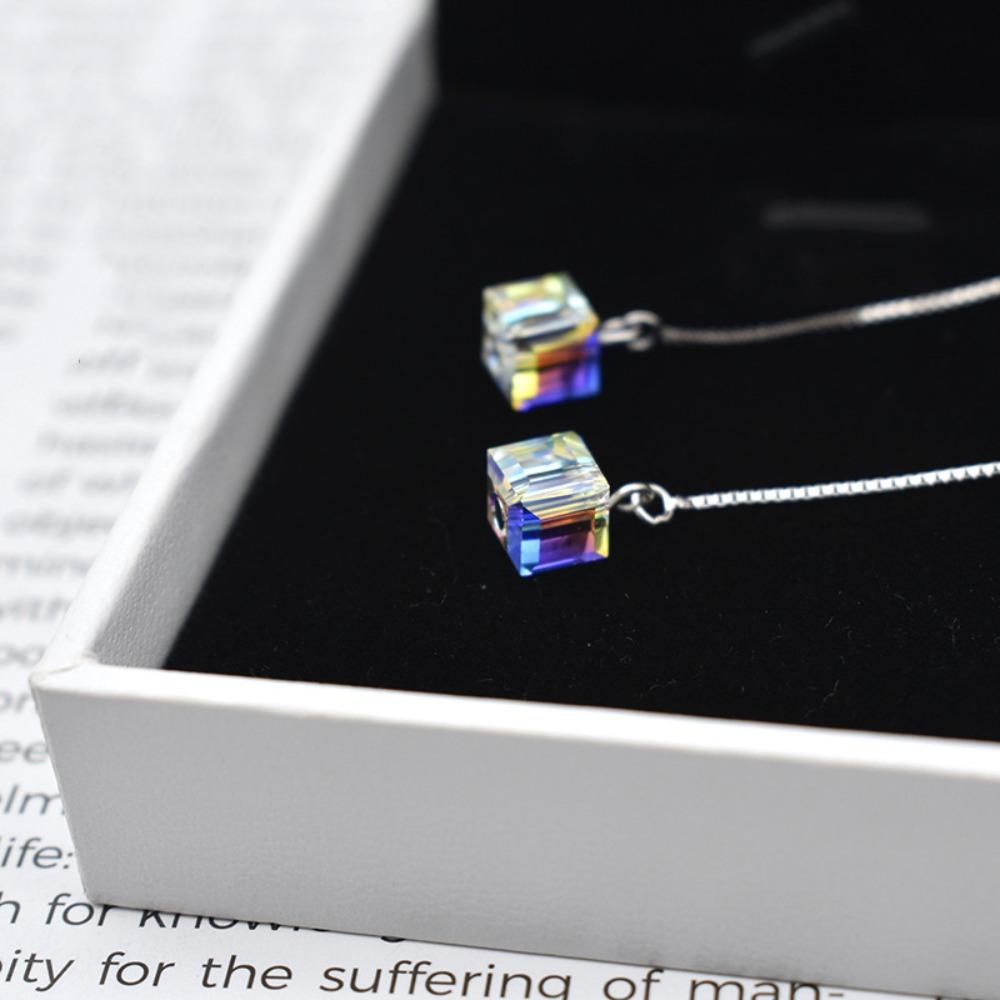 Korean Temperament Aurora Cube Sugar Crystal Sliver Color Snake Chain Long Tassel Ear Thread Dangle Earrings for Women Jewelry