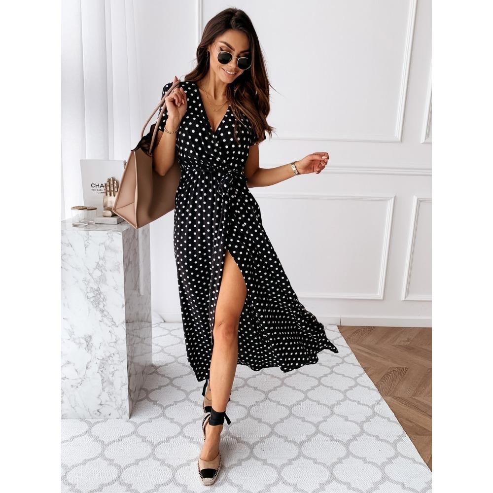 JPNTKY Women's Fashion Summer Spring Polka Dot Print Short Sleeve V-Neck Casual Dresses