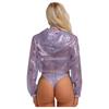 Womens Sparkly Sheer Top Hooded Long Sleeve Cropped Design Loose Fit Tops Club Rave Party
