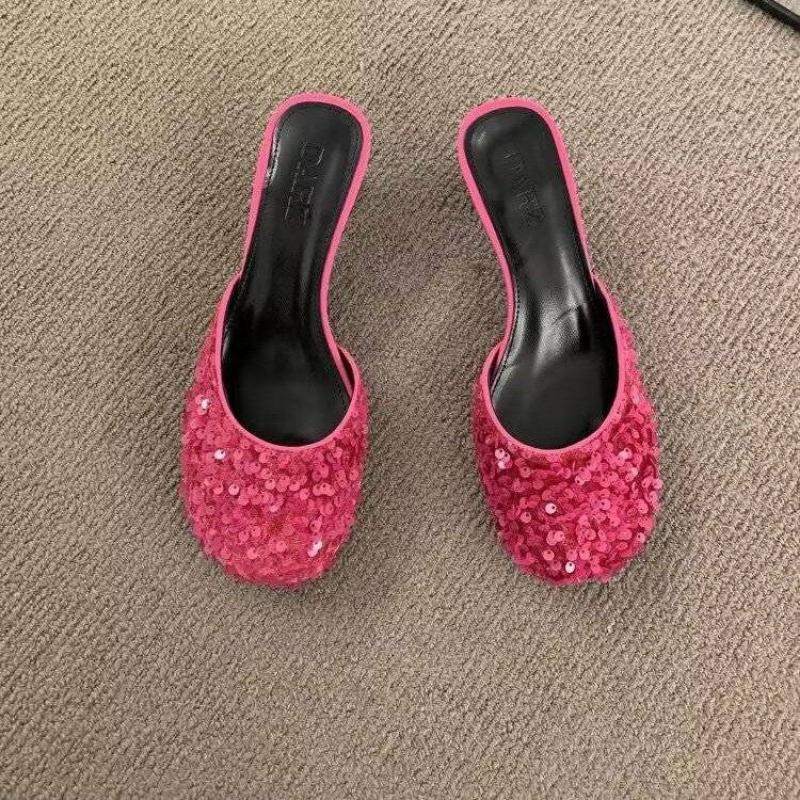 Сандалии розовые кристаллы летняя сексуальная обувь для женщин 2024 г. шлепанцы из горного хрусталя мюли женские тапочки драгоценности высокий каблук до 5 см нормальный F
